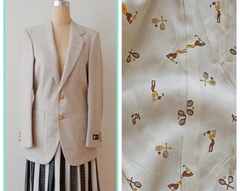 Vintage 70s Pierre Balmain Silk Beige Sport Jacket With Pastel Stripes/ Designer Luxury Sports Print Lining/ Union Made/ Size 36