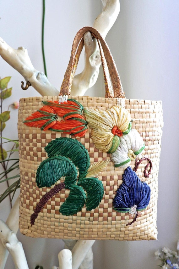 Vintage 70s Woven Straw Raffia Flower Bag/ Beach Embroidered - Etsy