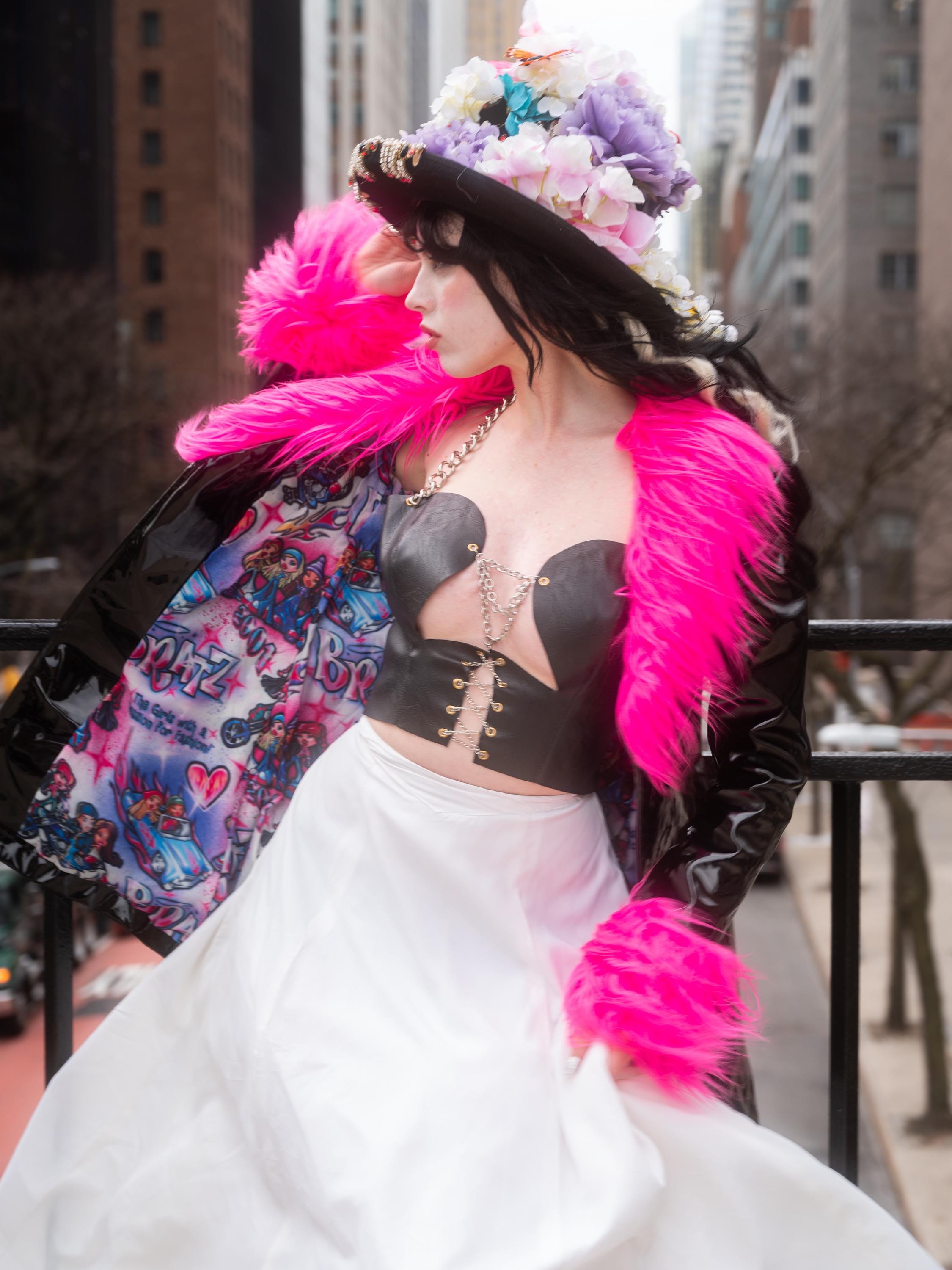 90s Black Vinyl Coat With Hot Pink Faux Fur Trim/ Vintage Bratz