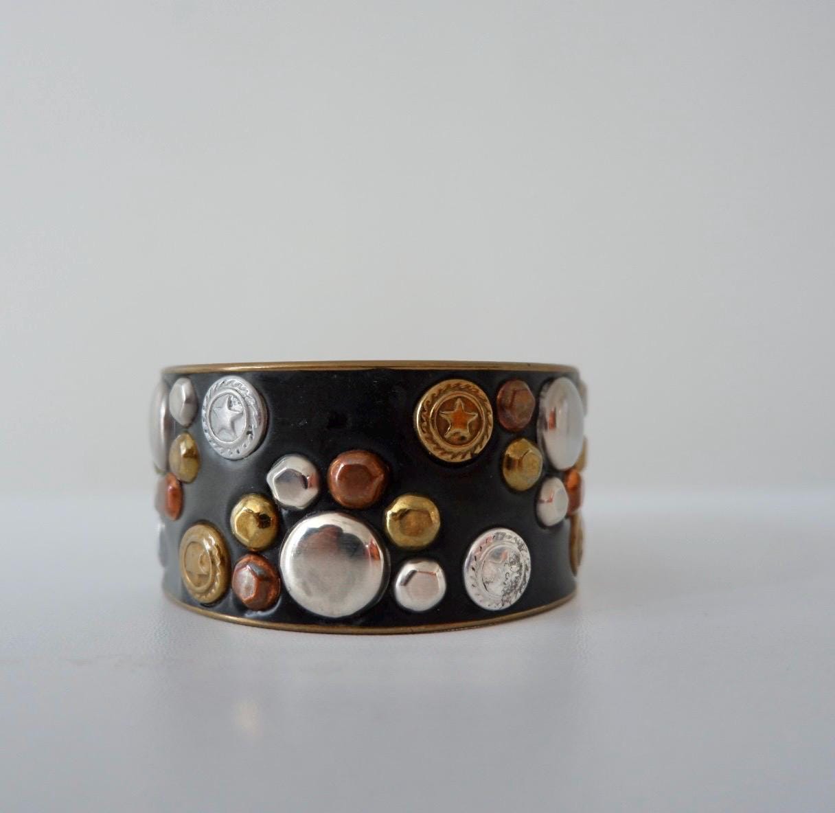Bold Mixed Metal Studded Cuff Bracelet – Black Wide Statement Bangle with Gold, Silver & Copper Accents – Western Star Punk Rock Jewelry