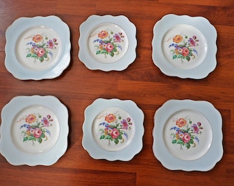 Vintage Floral Light Blue Square PLATE Set/Pastel Blue Flower Bouquet Plates/ Bone China/Colclough England/ Shabby Chic/ Wedding Gift