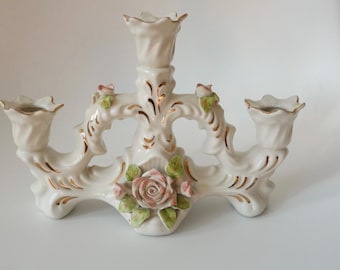 Vintage Fena Porcelain Candelabra: Rococo Rose, Gold Accent