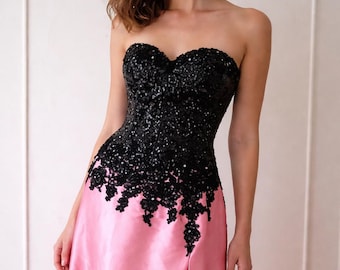 Abito da sera senza spalline in raso rosa e nero con pizzo, stile anni '90 / Abito da ballo floreale Y2K / Taglia 10