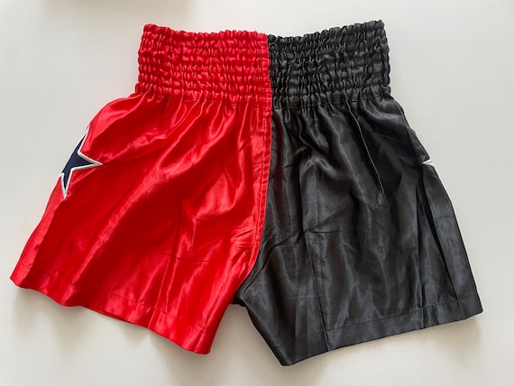 Vintage 80s Muay Thai Boxing Shorts: Red & Black Embroidered