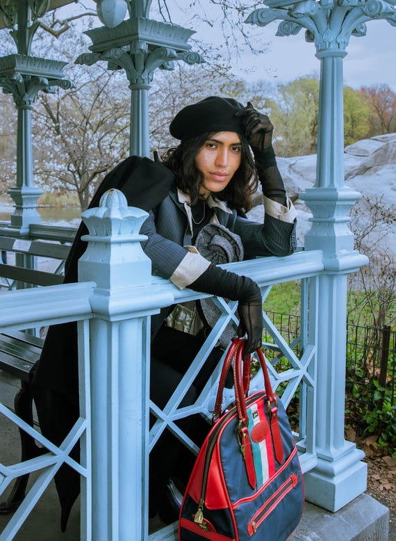 Borsa a mano vintage anni '80 a righe blu navy e rosse Borsa a