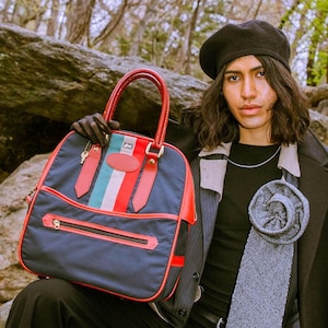 Vintage 80s Navy & Red Stripe Handbag | Nylon Leather Shoulder Bag with Key | Preppy Mod Travel Purse | Retro Satchel by Look