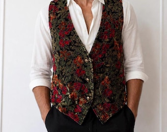 Vintage Velvet Burnout Floral Vest: Metallic Tapestry Waistcoat, Boho Luxe Layering/ Large