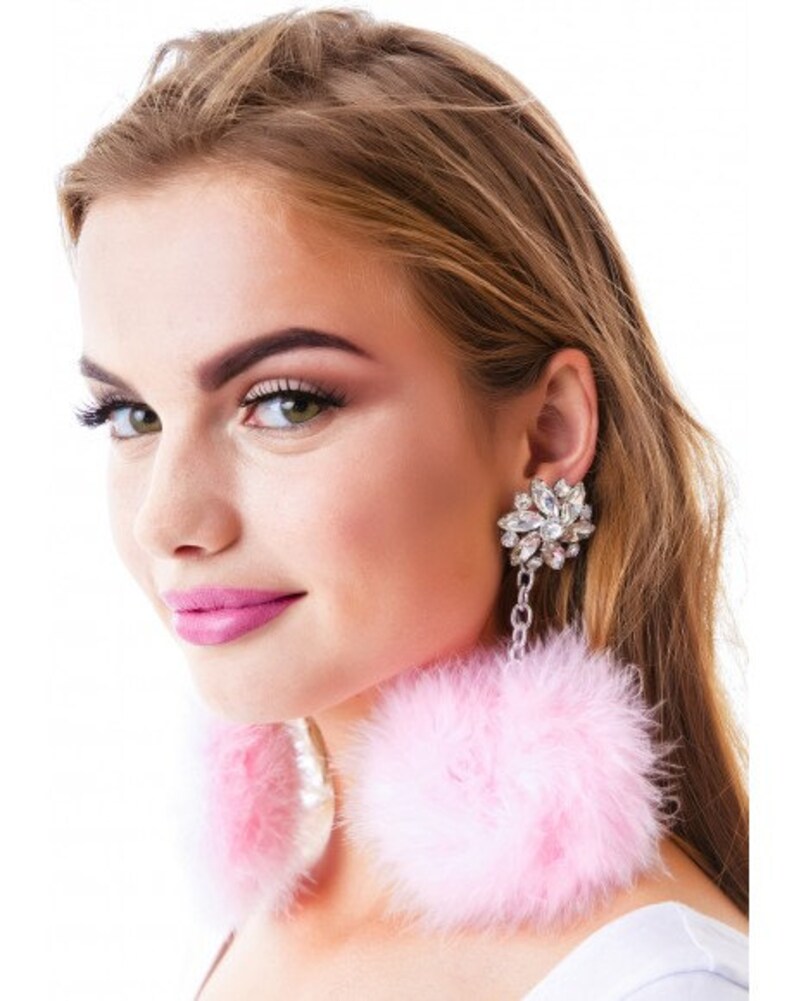Earrings Faux Feathers Pastel Pink Pom Pom Earrings Silver Etsy