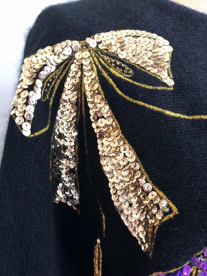 Vintage 80s Black Sweater With Sequin Bows Silk Angora Pullover Sweater Purple Hot Pink Bows Winter Fall Sweater Sparkly Glitter Medium