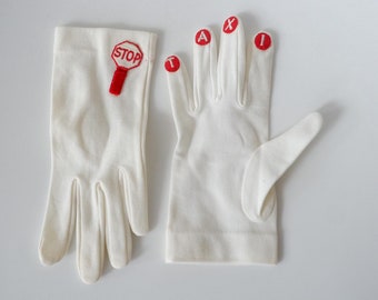 Vintage 60s Embroidered Red  TAXI STOP Sign White Gloves/ Mid-century Gloves/ Small