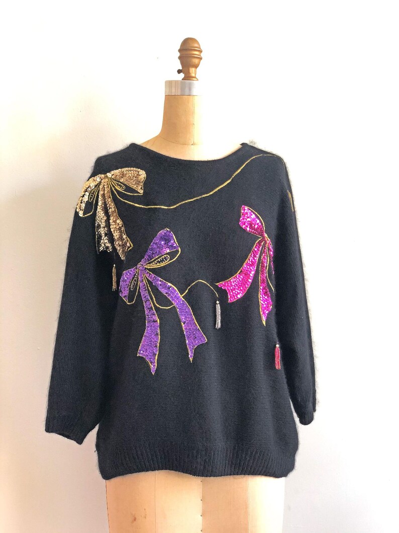 Vintage 80s Black Sweater With Sequin Bows Silk Angora Pullover Sweater Purple Hot Pink Bows Winter Fall Sweater Sparkly Glitter Medium