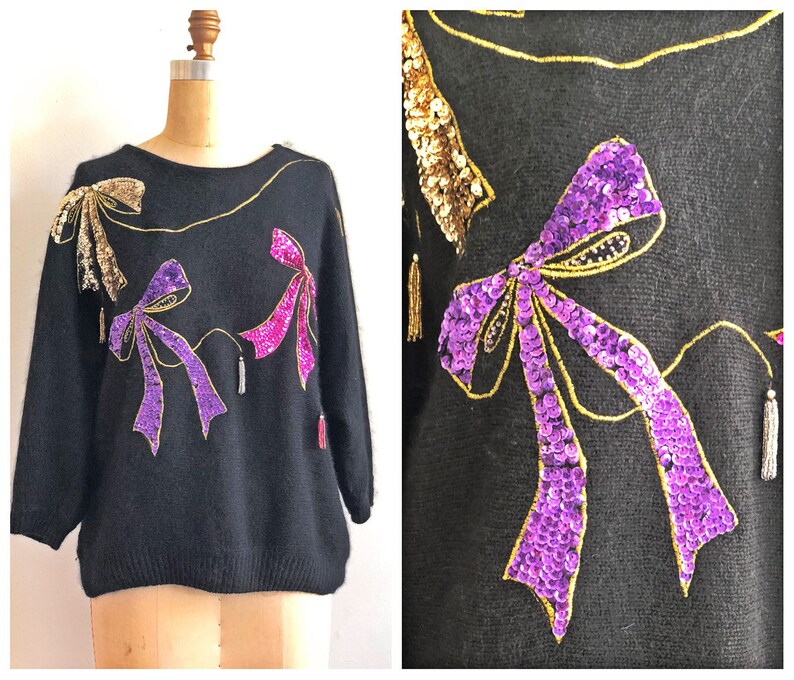 Vintage 80s Black Sweater With Sequin Bows Silk Angora Pullover Sweater Purple Hot Pink Bows Winter Fall Sweater Sparkly Glitter Medium