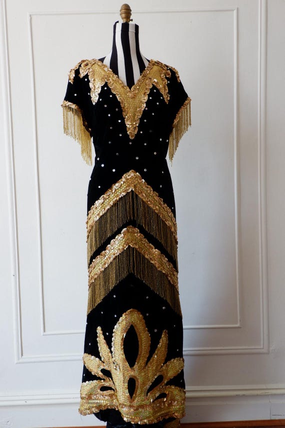Black Opera Velvet Gold Sequin Fringe Maxi Dress