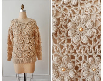 Vintage 90s Crotchet Pearl Sweater/ Handmade Beige Knitted Floral Sweater With Pearls/ Knitted Long Sweater/ Cottage Fairy Core/Medium