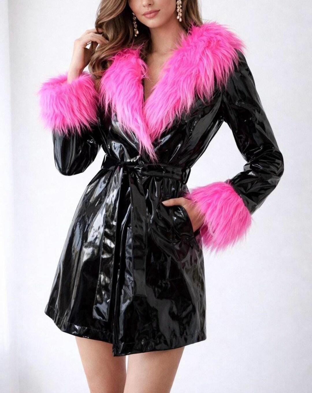 90s Black Vinyl Coat With Hot Pink Faux Fur Trim/ Vintage Bratz