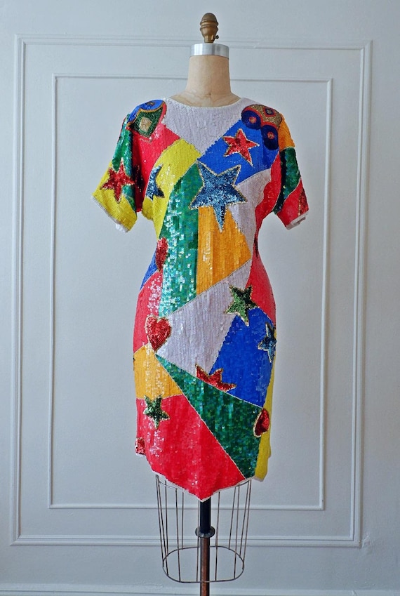 Abito con paillettes arcobaleno anni '80 Mini abito aderente con