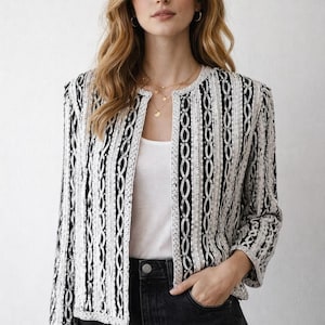 Vintage Striped Black and Silver Beaded Jacket | 80s Sequin Evening Cocktail Blazer/ Large