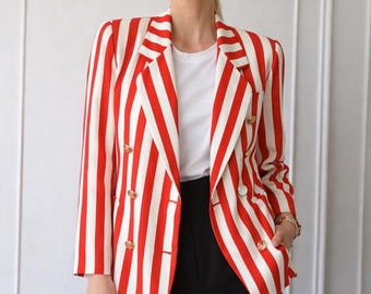 Vintage Escada Red Stripe Wool Blazer Gold Crest Buttons Nautical Power Jacket Size 38