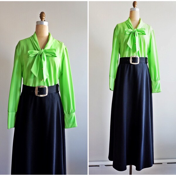 Vintage 2 Piece MOD 70s Neon Lime Green  Blouse and Maxi Length Skirt/ Gogo 60s Leslie Fay Neck Bow Shirt/ Oversized Waist Bow/ Plus Size 15