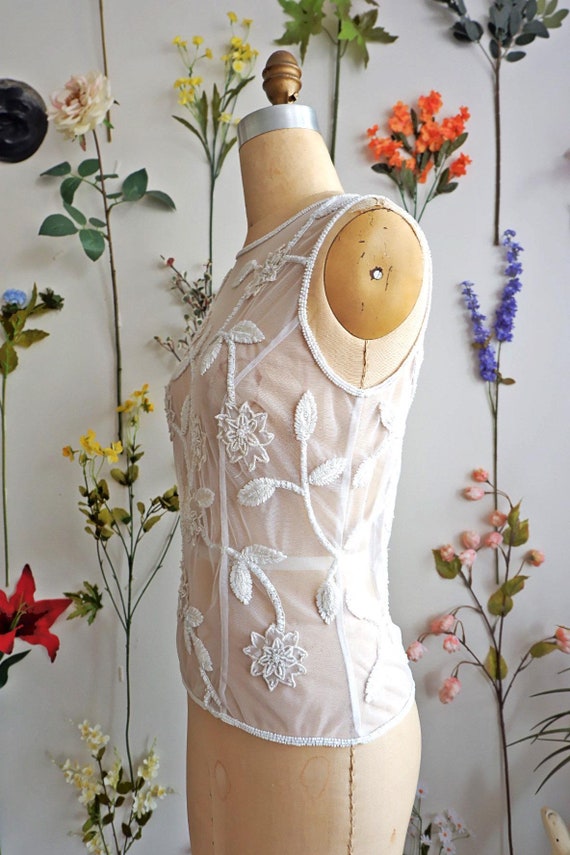 White Sheer Mesh Beaded Floral Top/ Chiffon  Embr… - image 3