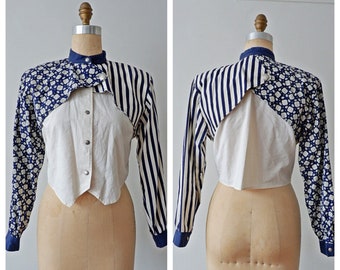 Vintage 70s Western Stripped Blue And White Shirt/ ROPER Southwestern Button-up Blouse/ Small/ Made In USA