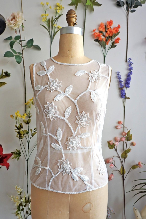 White Sheer Mesh Beaded Floral Top/ Chiffon  Embr… - image 2