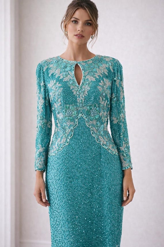 turquoise beaded dress Luxury Turquoise Beaded A-Line Evening Dress with Puffy Sleeves LA73177 Turquoise / 6 main image 0