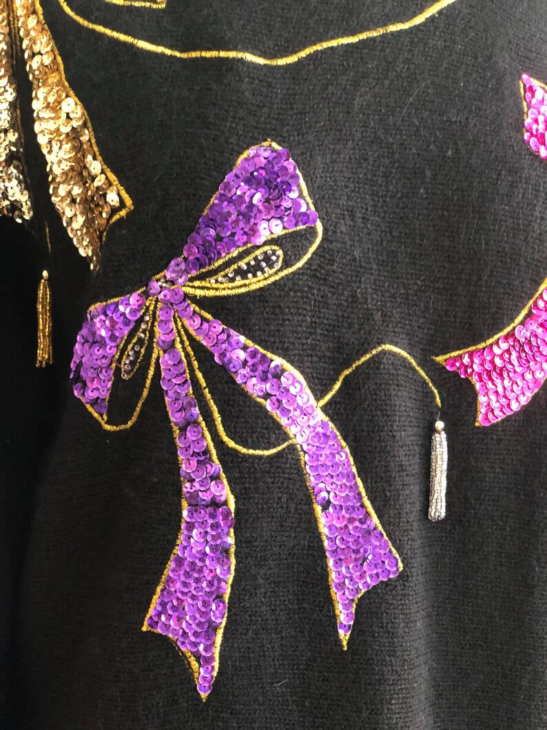 Vintage 80s Black Sweater With Sequin Bows Silk Angora Pullover Sweater Purple Hot Pink Bows Winter Fall Sweater Sparkly Glitter Medium