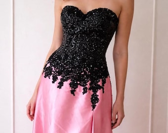 90s Pink & Black Satin Lace Strapless Evening Gown/ Y2K Floral Prom Dress/ Size 10
