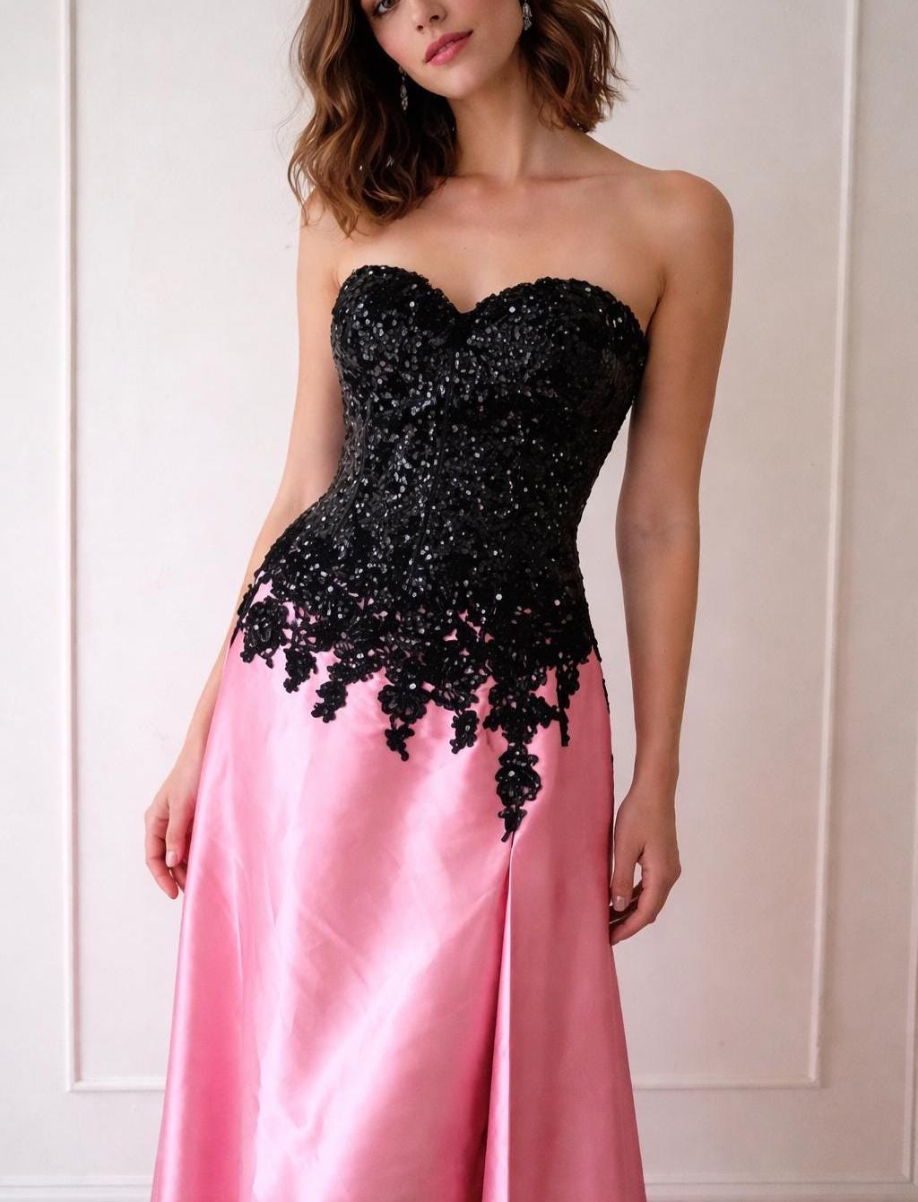 black and pink formal dress Black Velvet and Pink Satin Long Prom Dress, Black Velvet Pink Long Formal Evening Dresses, US 4 / Custom Color / With Rush+$19.99