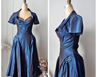 1950s Royal Blue Evening Dress/Portrait Collar Silk Taffeta  Pleated Hips Dress/ Size 4/ Made In The USA/ Old Hollywood Glam/ Pin-up Girl