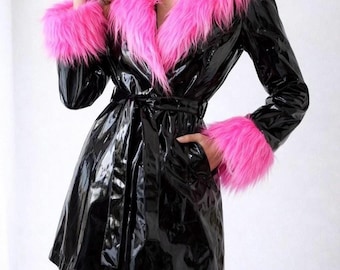 90s Black Vinyl Coat With Hot Pink Faux Fur Trim/ Vintage Bratz