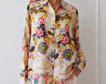 Vintage zijden blouse met Parijse print | Bloemenshirt Eiffeltoren | Romantisch reisshirt uit de jaren 90