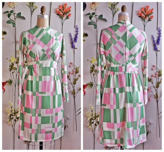 Vintage 60s Mod Gogo Leslie Fay Dress/ Pink Green… - image 1