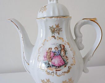 Vintage 1960s Japan Porcelain Tea Set: Romantic Couple, Gold Trim