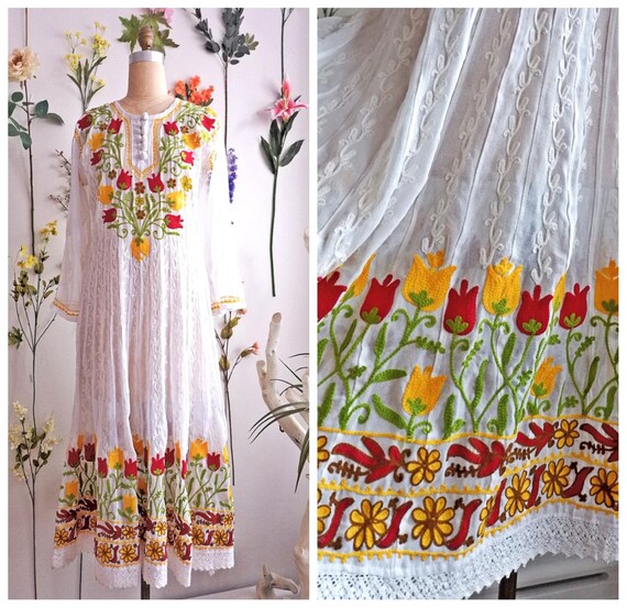 VINTAGE 70s BLUE WHITE VINE LEAF DOTTY RICRAC BOHO FOLK PRAIRIE APRON DRESS 12