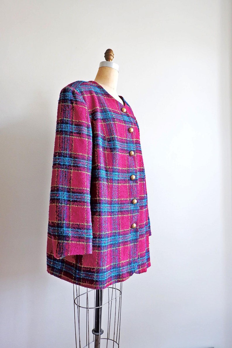 Vintage 80/'s Plus Size Plaid Tweed Magenta Blazer 2XL Fuchsia Oversized Plaid Tailored Jacket Plus Size Vintage Koret Blazer