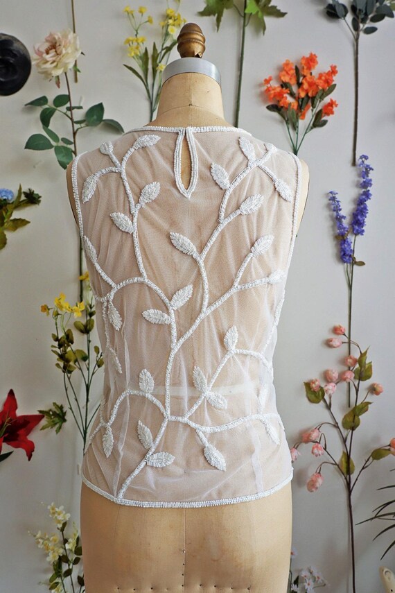 White Sheer Mesh Beaded Floral Top/ Chiffon  Embr… - image 4