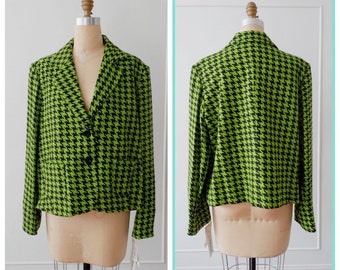 90s Lime Green Silk Wool Tweed Houndstooth  Blazer/ Plus Size Vintage/X- Large