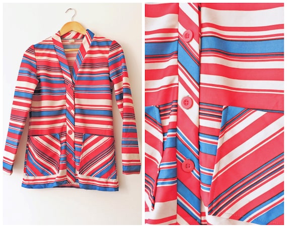 Vintage MOD 60s Shawl Collar Blue and Red Striped