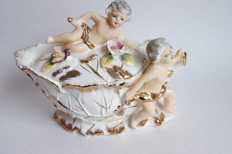Antique Italian Reinassance Angels Ceramic Decorative Bowl with Lid Royal Sealy Japan Floral Kitchen Decor Kitsch Elegant Dishware