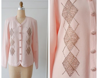 Vintage Retro Pink Acrylic And Wool Beaded Cardigan/ Preppy Secretary/ Diamond Beaded Pattern/ Marisa Christina Knits/ Large