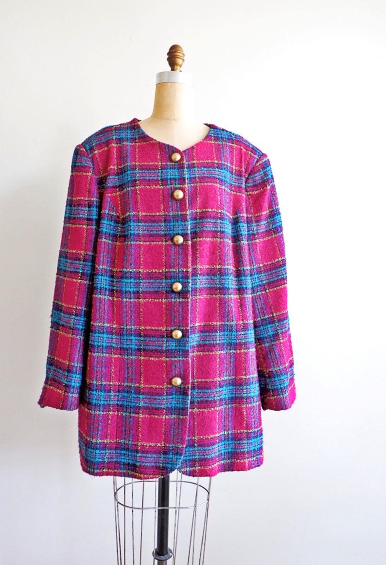 Vintage 80/'s Plus Size Plaid Tweed Magenta Blazer 2XL Fuchsia Oversized Plaid Tailored Jacket Plus Size Vintage Koret Blazer