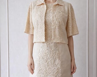 Conjunto de vestido de novia de seda vintage de los años 60: chaqueta de encaje bordado, conjunto de novia moderno, talla mediana