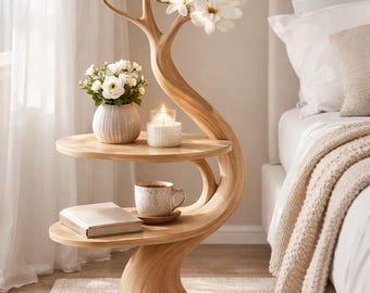 Wooden Tree Side Table with Shelves, Modern Sculptural Nightstand, Unique End Table for Bedroom Living Room Decor, Artistic Wood Table