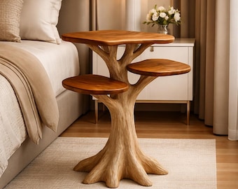 Mesita auxiliar rústica de madera, mesita de noche de madera maciza, mesa auxiliar de madera, mesa de noche para dormitorio, muebles inspirados en la naturaleza, decoración rústica moderna para el hogar.