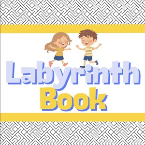May include: A children's book cover with the title "Labyrinth Book" in blue and yellow. Two cartoon children are running and smiling above the title. The background features a maze pattern in black and white, with yellow horizontal stripes.