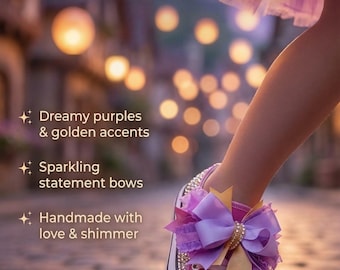Rapunzel Inspired Glass Slippers | Purple Sparkle Shoes with Bows (Girls Dress Up)