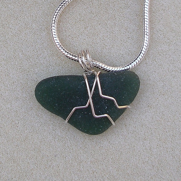 Gorgeous Dark Green Triangle Sea Glass Wire Wrapped in Sterling Silver   94