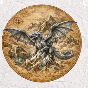 Könnte beinhalten: Detaillierte Illustration eines silbernen Drachen mit ausgebreiteten Flügeln, der auf einem Gebirge sitzt. Der Drache befindet sich vor einem kreisförmigen Hintergrund mit einer Karte und Bergen. Die Worte "INSTANT DOWNLOAD" und "PNG DIGITAL DESIGN" sind sichtbar.